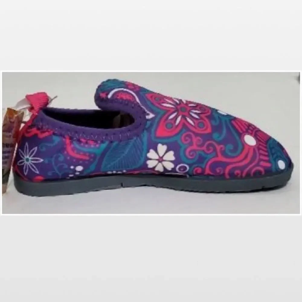 New Aqua Leisure Water Shoes Kid Size 7 8 Purple Floral Slip Ons